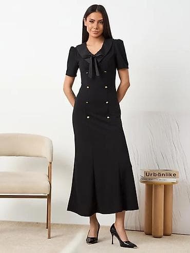 черные платья: Черное элегантное платье миди с акцентом на талию и мягким — 1