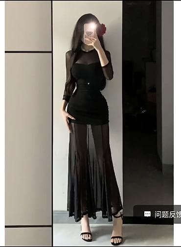 платье на: Черное вечернее платье с полупрозрачными вставками s m l - Силуэт — 1