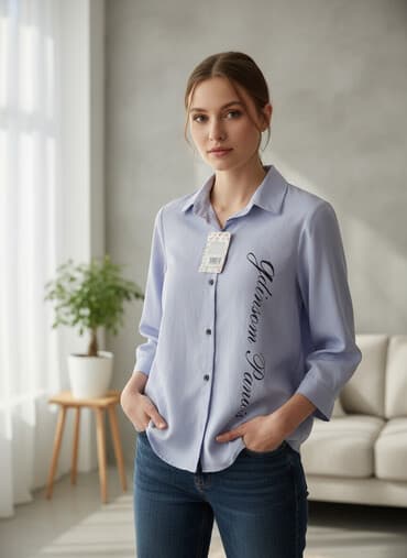 с оголенными плечами: Женская рубашка-блуза сиренево‑лавандового оттенка. - Прямой свободный — 1