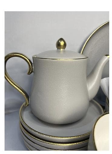 Идиш-аяк: Набор столовой и чайной посуды из керамики с матовой серо‑бежевой — 3