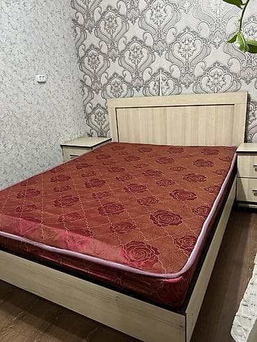 расклад: Спальный гарнитур, Б/у, Двуспальная кровать, Шкаф, Тумба, ДСП, Самовывоз, цвет - Бежевый — 1