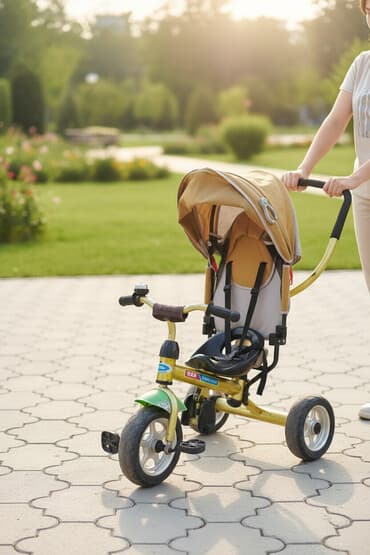 детские машинки с пультом: Трехколесный велосипед для детей, выполненный в желто-зеленой цветовой — 1