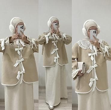 Брюки: Женская двойка в стиле modest fashion: бежевый жакет с бантами + — 1