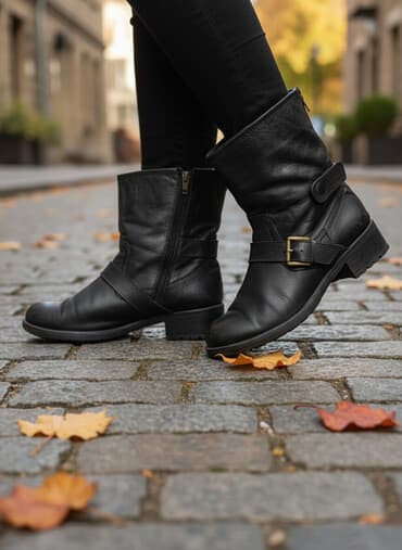 Кожаные женские ботинки/полусапоги мото-стиля, черные. - Материал