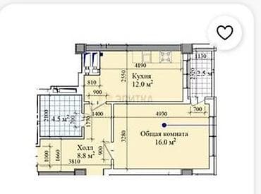 1 комната, 44 м², Элитка, 2 этаж, Готовая ПСО (под самоотделку)