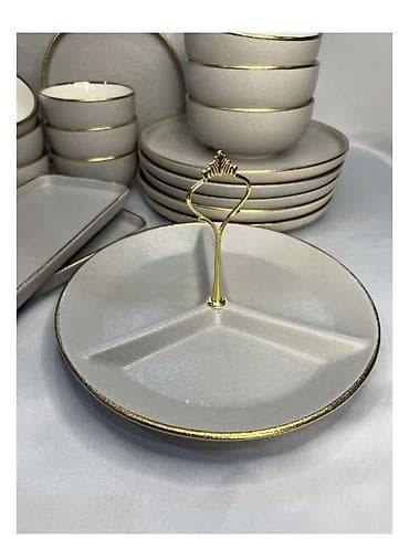 Идиш-аяк: Набор столовой и чайной посуды из керамики с матовой серо‑бежевой — 2