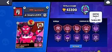 Значки: Аккаунт Brawl Stars Основное: - Трофеи: 43 300 (рекорд 43 328) - Ник — 1