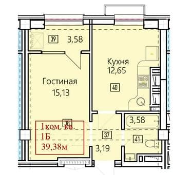 1к: 1 комната, 38 м², 14 этаж, Готовая ПСО (под самоотделку) — 3