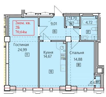 2 комнаты, 71 м², Элитка, 2 этаж, ПСО (под самоотделку)