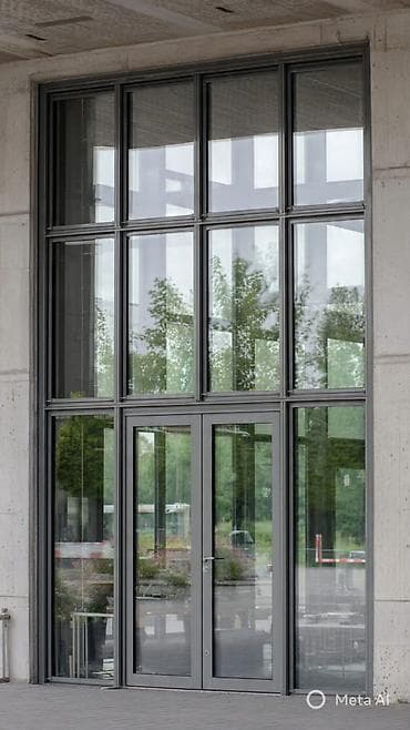 рамка для окон: Многосекционное окно с рамами из темного материала, вероятно, алюминия — 10