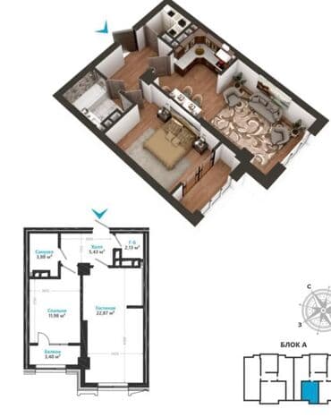 квартира в бишкеке тунгуч: 1 комната, 49 м², Элитка, 10 этаж, ПСО (под самоотделку) — 4