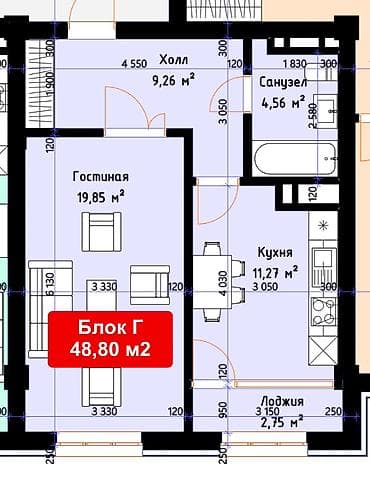 58: 1 комната, 49 м², Кок-Жар ж/м Элитка, 9 этаж, ПСО (под самоотделку) — 1