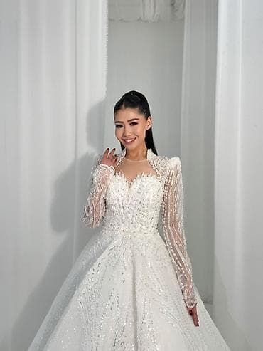 свадебные платья напрокат: Свадебное платье, M, С фатой, Шифон, А-силуэт, Турция, Пайетки, Новый — 10