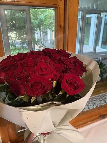 Букет из бордовых роз — пышная круглой формы композиция в светлой at lalafo.kg Букет из бордовых роз — пышная круглой формы композиция в светлой