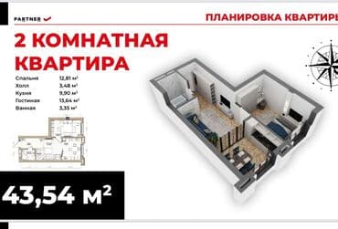 1 комнатная квартира аренда бишкек: 2 комнаты, 44 м², 3 этаж — 10