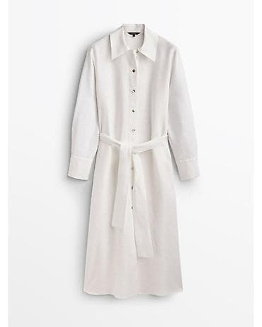 льняной сарафан: MassimoDutti, M, 100% лен, Платье-рубашка белого цвета с поясом - — 1