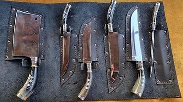 Набор ножей и топорика ручной работы в кожаных ножнах Состав набора
