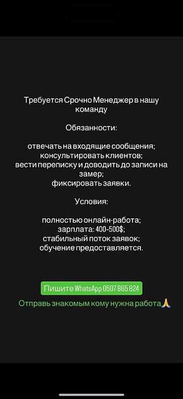 Требуется онлайн менеджер (WhatsApp / Instagram Direct) Ищем