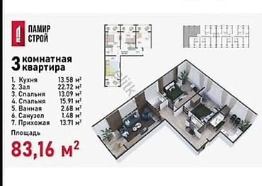 раздольный ак жол: 3 комнаты, 83 м², Технопарк Элитка, 8 этаж, ПСО (под самоотделку) — 4