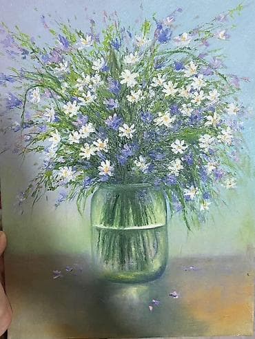 4 pot: Картины маслом на холсте: нежные цветочные натюрморты. - Цена на одну — 1