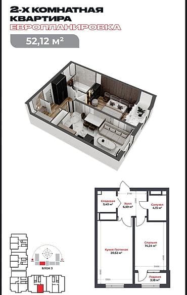 kant flat: 1 комната, 52 м², Элитка, 8 этаж, Готовая ПСО (под самоотделку) — 1