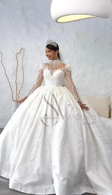 свадебная платья: Свадебное платье, M, Закрытое, Мусульманское, Рукава прозрачные, Пышное, Турция, Камни Swarovski, Стразы, Б/у — 1