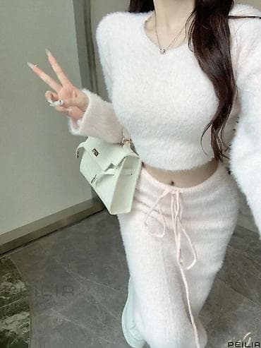 ангорка: Костюм с юбкой, Модель юбки: Прямая, Миди, Кофта, S — 3