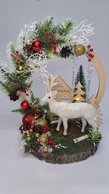 продажа новогодних елок: Новогодняя декоративная композиция «Зимняя деревушка» на спиле дерева — 3