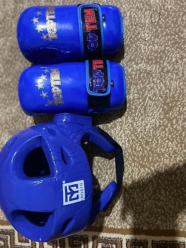 Перчатки: Комплект экипировки для единоборств (синий): - Шлем MOOTO с полной — 2
