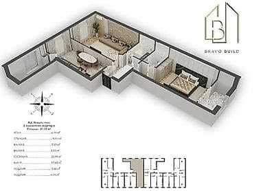 2 комнаты, 81 м², Молодая Гвардия Элитка, 6 этаж, ПСО (под самоотделку) — 3