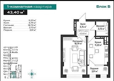 Квартиры: 1 комната, 45 м², Элитка, 9 этаж, ПСО (под самоотделку) — 1