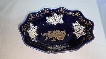 Очки: Блюдечко(вазочка) 2000х годов, фарфор в золоте, кобальт, без сколов и — 1