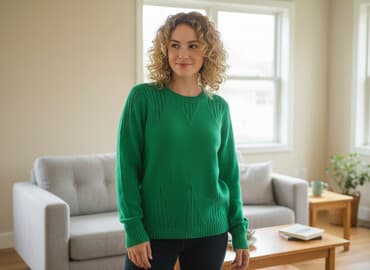 тёплая кофт кардиган: Яркий зелёный вязаный свитер с круглым вырезом. Размер И. - Фактурный — 1