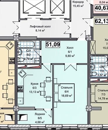 проспект чуй: 2 комнаты, 51 м², Элитка, 8 этаж, ПСО (под самоотделку) — 5