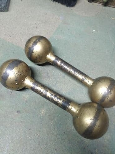 Предлагается пара винтажных гантелей с шарообразными утяжелителями по