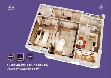 квартира берилет район пишпек: 2 бөлмө, 64 м², Элитка, 12 кабат, ПСО (өзү оңдоп түзөтүп бүтүү үчүн) — 2