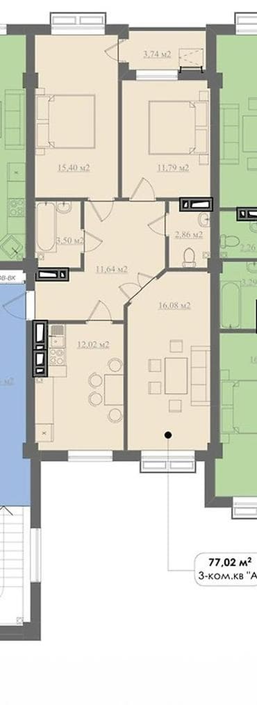 kant flat: 3 комнаты, 80 м², Элитка, Готовая ПСО (под самоотделку) — 3
