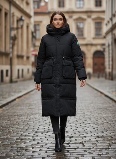 прокат мужских костюмов [возьми на прокат] бишкек фото: Длинная женская куртка TUMASSI, черная зимняя - Модель: утепленная — 1