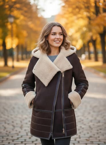 женская рубашка с высоким воротником: Дубленка, Короткая модель, С капюшоном, S — 1