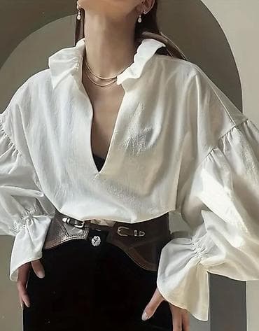 oversize: Белая женская блуза свободного кроя с акцентными рукавами. - Силуэт — 1