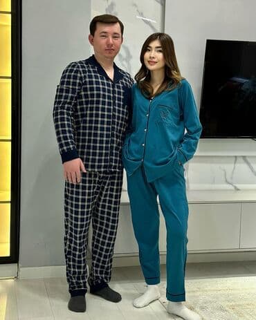 белая ночная сорочка: Пижама, Хлопок, В клетку, XS, S, M — 2