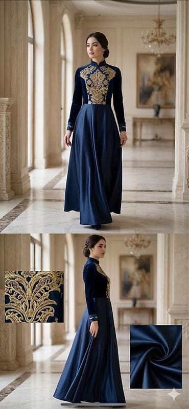 черный бархатный клатч: Праздничное длинное платье в пол из темно-синей ткани с бархатным — 1