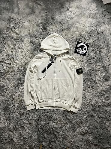 Толстовки: Худи на молнии Stone Island, белое - Классический крой с капюшоном на — 1