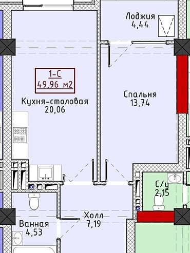ищу квартиру мадина: 2 комнаты, 49 м², Элитка, 7 этаж, Готовая ПСО (под самоотделку) — 3