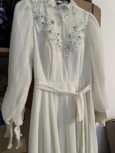 келинки: Свадебное платье, Закрытое, А-силуэт, Турция, Жемчуг, Б/у — 1