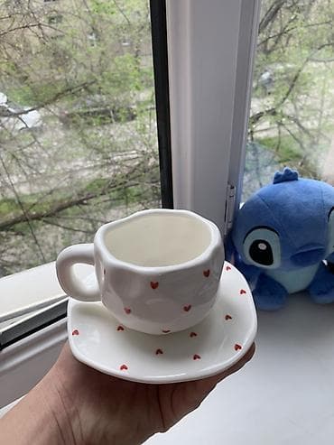 посуда чашки: Керамическая чашка с блюдцем - Материал: глазурованная керамика. - — 2