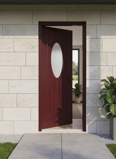 Двери для домов и квартир, Металлическая, Одностворчатая, Со стеклом, цвет - Бордовый