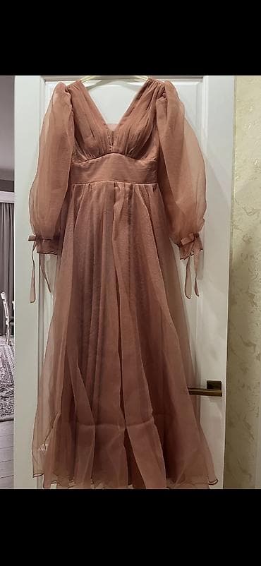 цвет бледно розового: Вечернее платье, А-силуэт, Длинная модель, Шифон, С рукавами, M — 2