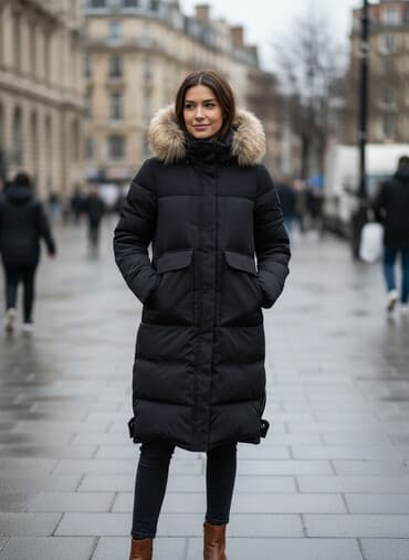 70 сом: Длинный женский пуховик/парка черного цвета с капюшоном и меховой — 1