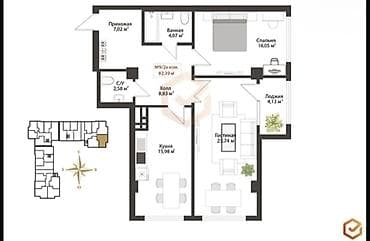 1 комн квартир: 2 комнаты, 83 м², 15 этаж — 2